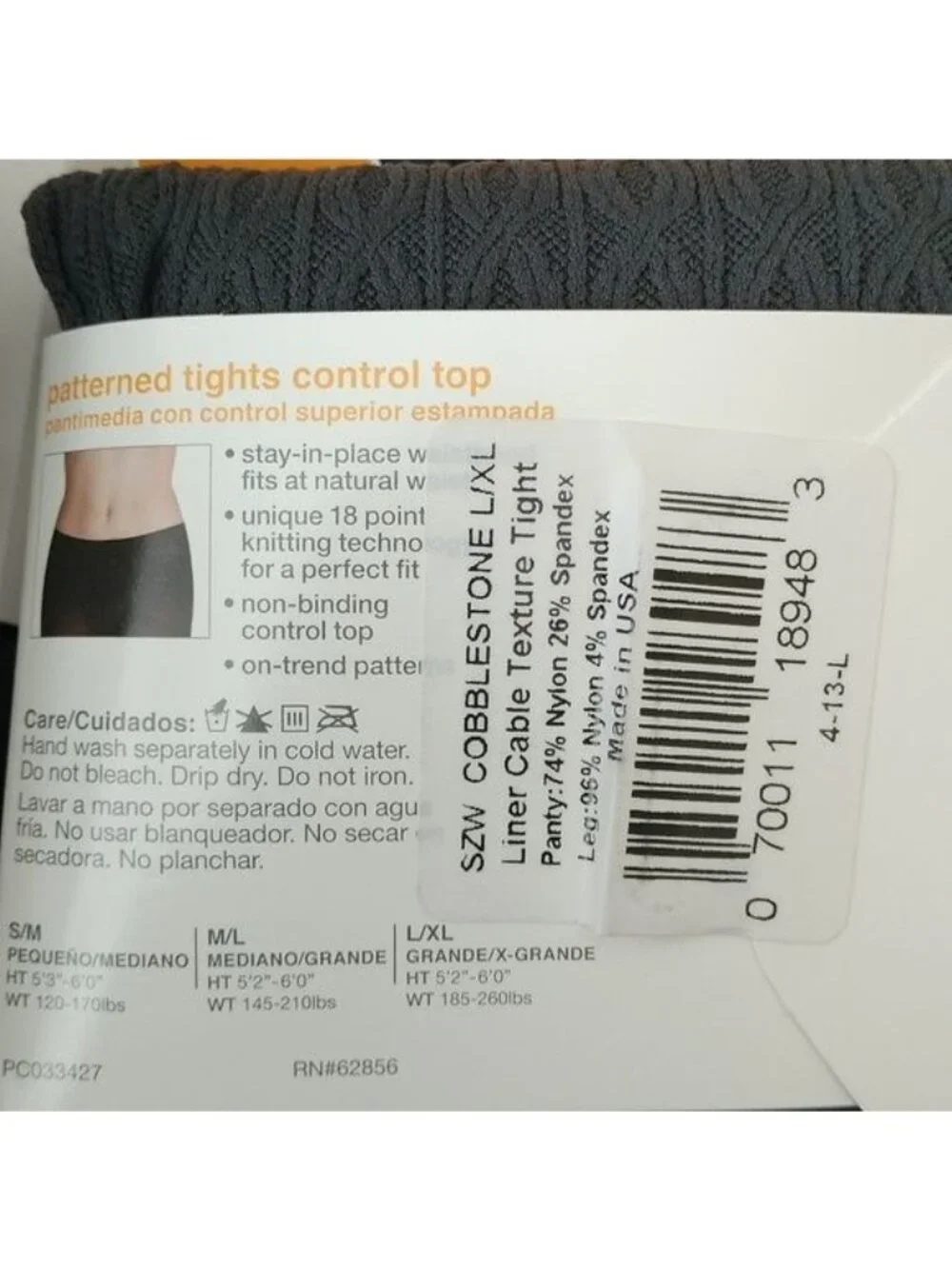 No Nonsense Fashion Patterned Tights Control Top Liner Cable Texture, L/XL 5pr